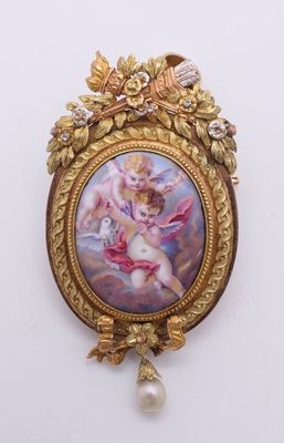 Pendentif/broche en or 750 à décor d'un cartouche de nacre é… - Photo 1