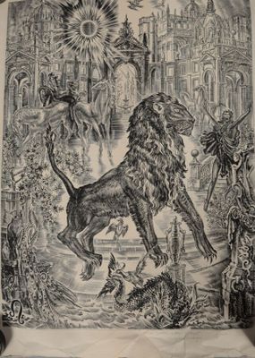 dessin représentant un lion attaquant un démon dans un décor médiéval