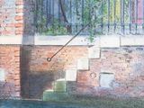 a watercolor painting of a boat going under a bridge