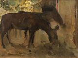 a painting of a donkey eating grass in a barn