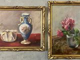 two paintings of vases and a vase of flowers on a table