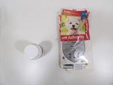 un petit chien blanc assis sur une table, à côté d'un tube de dentifrice