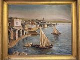 a picture of a painting of a boat in the water