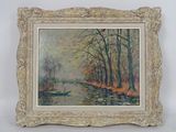an oil painting of a boat on a river in a wooded area
