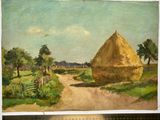 a picture of a painting of a farm with a hay bale