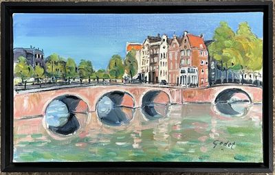 a painting of a bridge over a river with buildings in the background