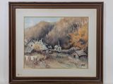a watercolor painting of a farm scene with a house in the background