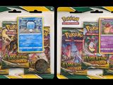 two packs of pokemon trading cards are shown on a black background