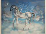 painting of a white horse standing in the snow with trees in the background