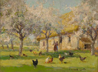 tableau représentant des poulets dans un champ, avec une maison en arrière-plan