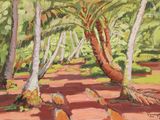 une peinture à l'huile représentant un sentier traversant une forêt parsemée de palmiers