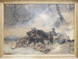 un tableau représentant un groupe d'animaux dans la neige