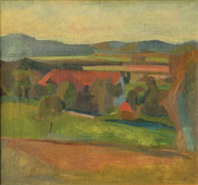 un tableau représentant un paysage avec des maisons et des arbres au premier plan