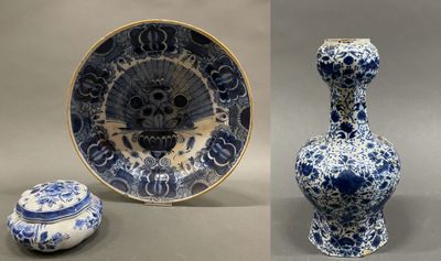 three different pictures of a blue and white vase and a bowl