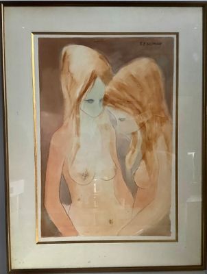 tableau représentant une femme nue, dans un cadre doré, accroché au mur