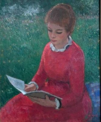painting of a woman in a red dress sitting on a blanket reading a book