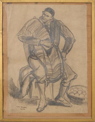 dessin représentant un homme portant un panier sur le dos