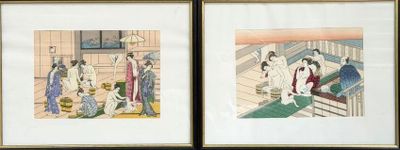 two framed pictures of people in a room with a table