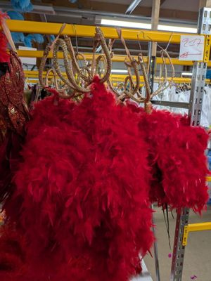 de nombreuses plumes rouges suspendues à un support dans un magasin