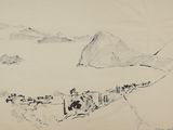dessin représentant un paysage avec une montagne au loin et un troupeau de bovins au premier plan