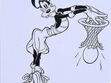 an ink drawing of a goofy character throwing a basketball hoop