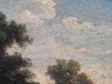 a painting of cows grazing in a field with trees