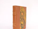 a brown book with a painting on it sitting on a white surface