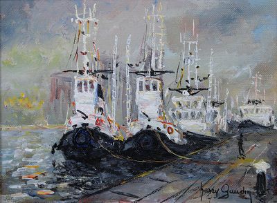 painting of boats docked in a harbor on a cloudy day