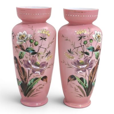 pair of pink vases with birds and flowers painted on them