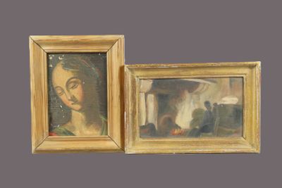 deux tableaux encadrés représentant une femme et un homme assis devant une cheminée