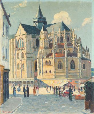 tableau représentant un grand bâtiment avec une tour horloge au cœur d'une ville
