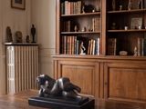 une statue représentant un chien, posée sur une table devant une bibliothèque