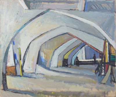 tableau représentant des personnes marchant sous un pont avec des planches de surf