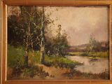an oil painting of a river with trees and grass in the foreground
