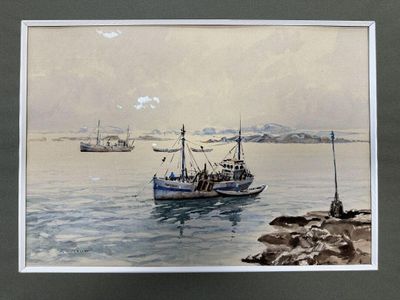 a picture of a painting of a boat in the water