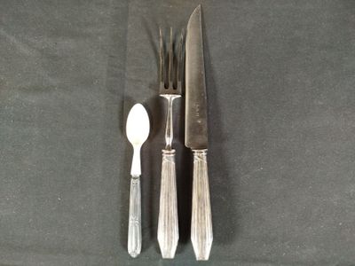 a knife, spoon, and spoon rest on a table