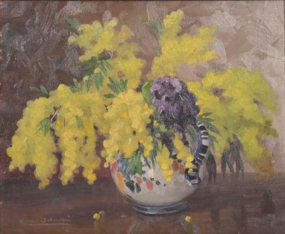 painting of yellow and purple flowers in a vase on a table