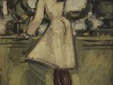 une peinture à l'huile représentant une femme en robe blanche debout devant un miroir