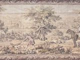a picture of a tapestry with a picture of people riding horses