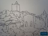 drawing of a castle with a clock tower on top of a hill