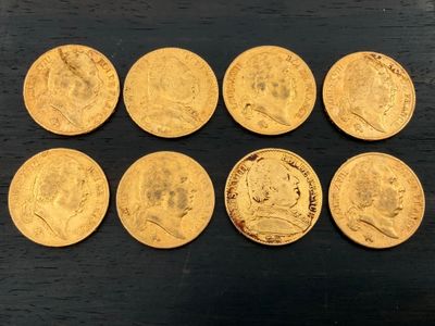 six souverains d'or, dont l'un porte le portrait d'un homme