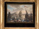 an image of a painting of a harbor scene with ships in the water
