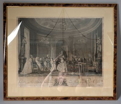 painting of a wedding party in a large room with a chandelier and chandelier