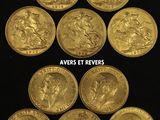 six different types of gold coins are arranged in a pyramid