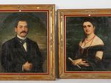 two portraits of a man and a woman in formal clothing
