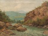 tableau représentant un ruisseau de montagne avec des rochers et des arbres au premier plan