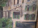 a painting of a building with green shutters on it