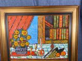 une photo d'un tableau représentant une table sur laquelle se trouve un vase de fleurs