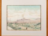 painting of a view of a city with a castle in the distance