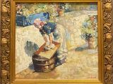 une image représentant un tableau où l'on voit une femme penchée au-dessus d'une valise